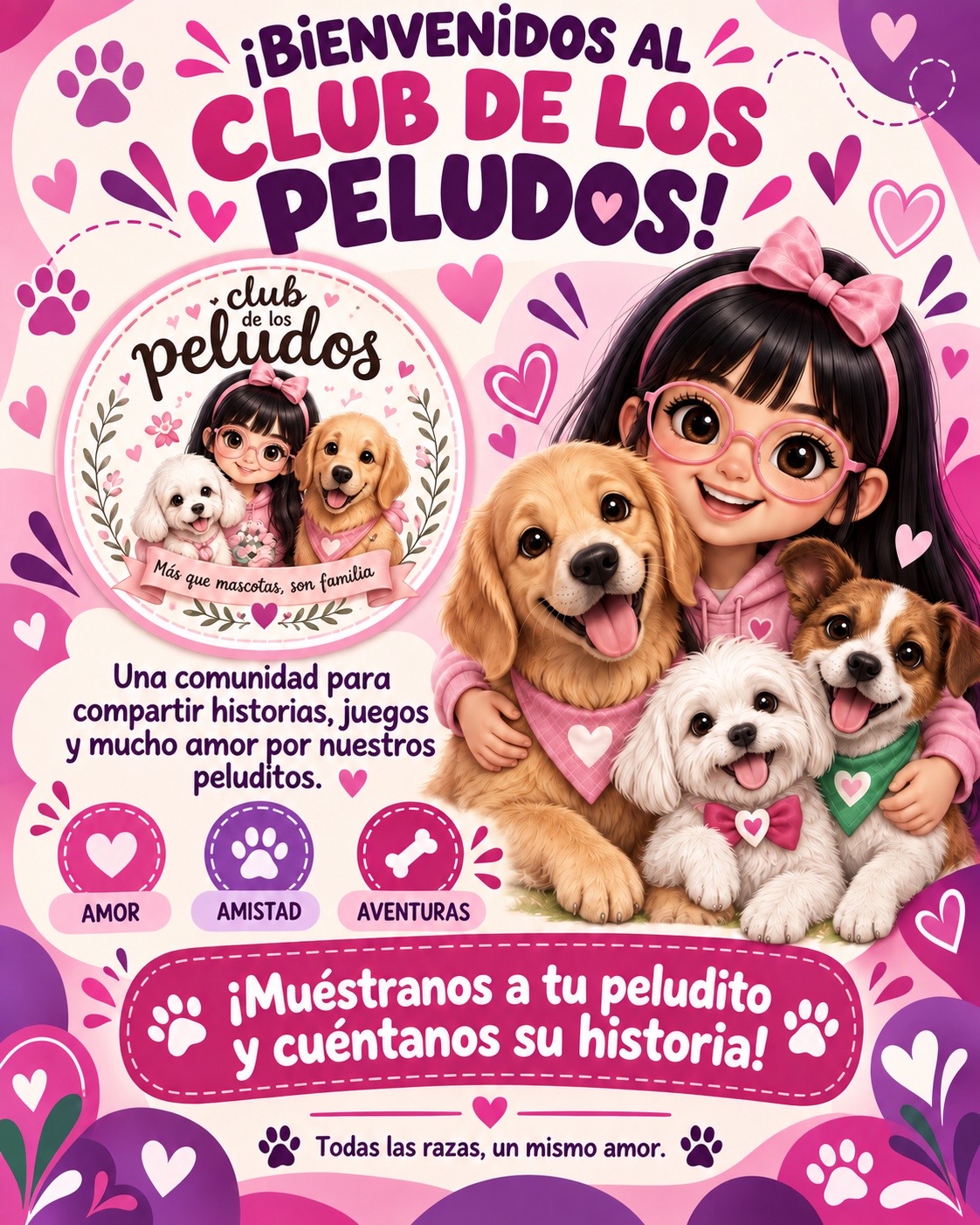 Bienvenidos al Club de los Peludos, con una niña y varios perritos